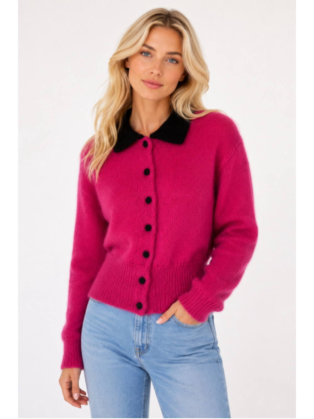 Vintage KENJI Mohair Cardigan Pink Black Collar Button Up 80s 90s Boho Preppy M